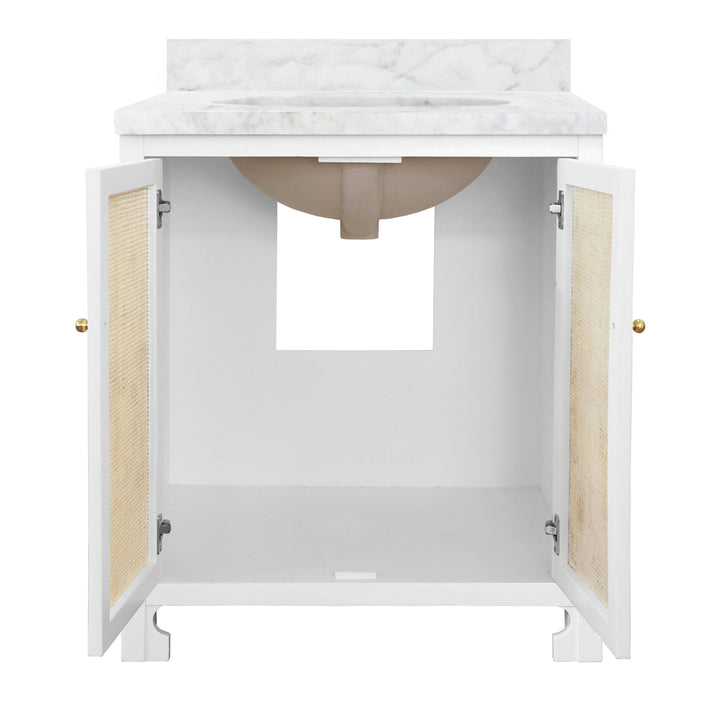 Bath Vanity In Matte White Lacquer With Cane Front Doors, White Marble Top, And Porcelain Sink - BOYD WH