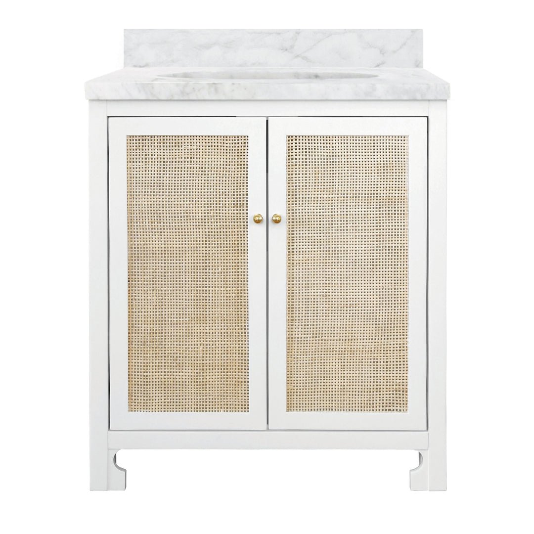 Bath Vanity In Matte White Lacquer With Cane Front Doors, White Marble Top, And Porcelain Sink - BOYD WH