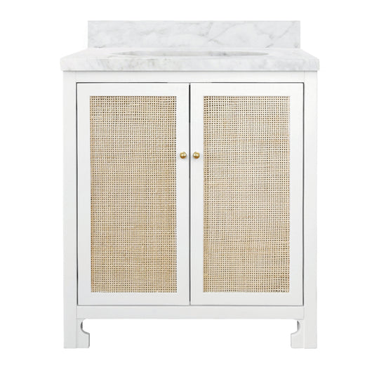 Bath Vanity In Matte White Lacquer With Cane Front Doors, White Marble Top, And Porcelain Sink - BOYD WH