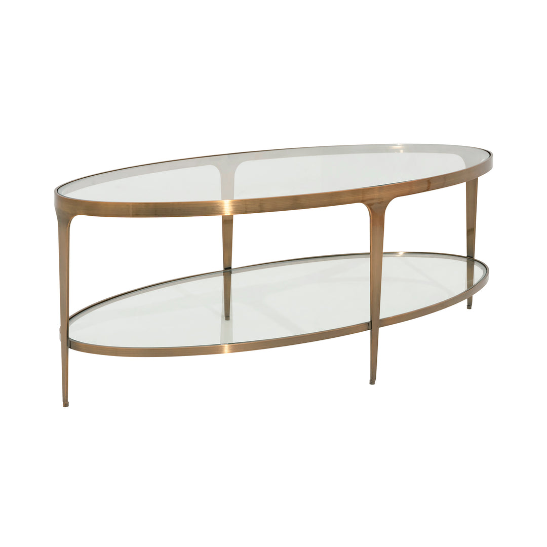 Two Tier Glass Top Oval Coffee Table In Antique Brass - BRANDO ABR