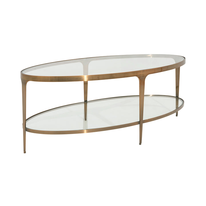 Two Tier Glass Top Oval Coffee Table In Antique Brass - BRANDO ABR