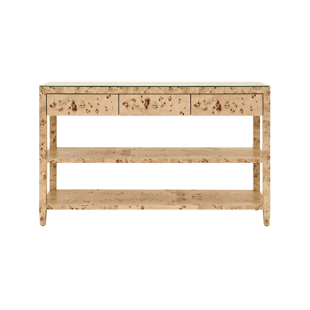 Three Drawer Console With Two Open Shelves In Burl Wood With Polished Brass Knobs - BRIAR BW