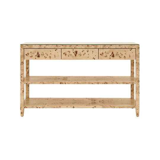 Three Drawer Console With Two Open Shelves In Burl Wood With Polished Brass Knobs - BRIAR BW