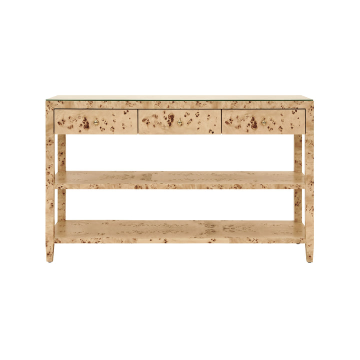 Three Drawer Console With Two Open Shelves In Burl Wood With Polished Brass Knobs - BRIAR BW