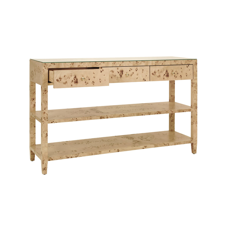 Three Drawer Console With Two Open Shelves In Burl Wood With Polished Brass Knobs - BRIAR BW
