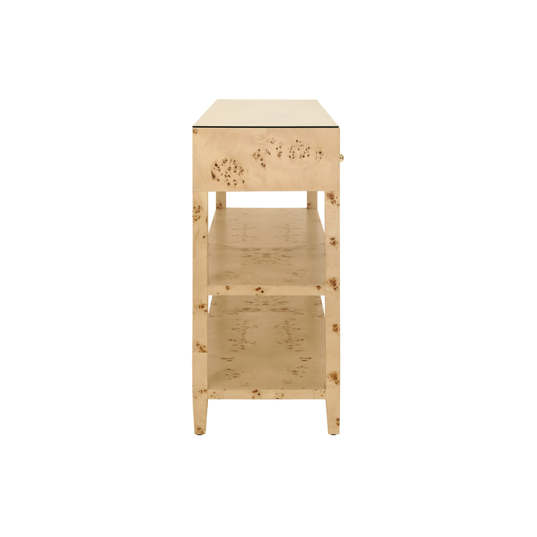 Three Drawer Console With Two Open Shelves In Burl Wood With Polished Brass Knobs - BRIAR BW