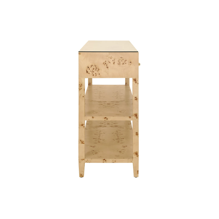 Three Drawer Console With Two Open Shelves In Burl Wood With Polished Brass Knobs - BRIAR BW