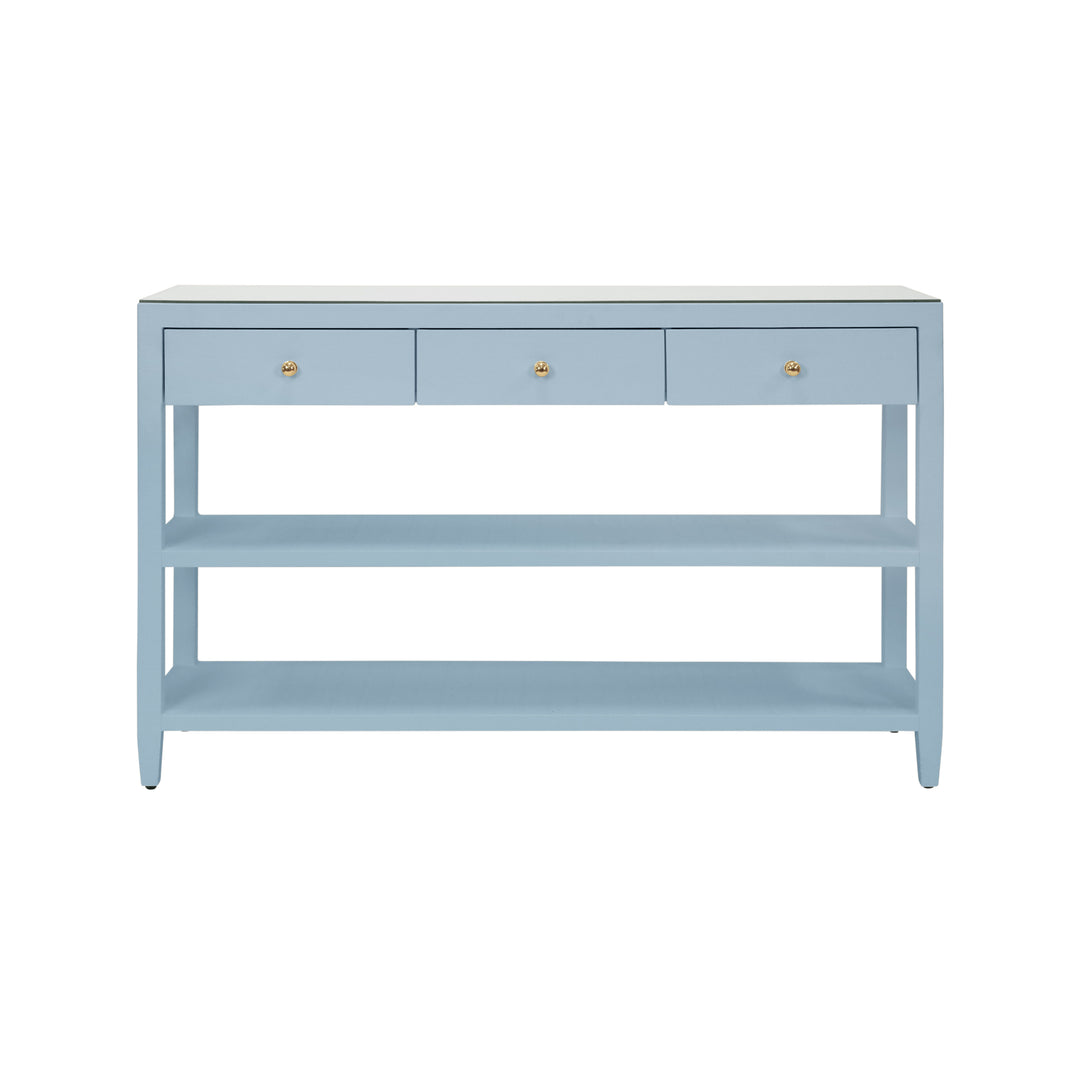 Three Drawer Console With Two Open Shelves In Textured Light Blue Linen With Polished Brass Knobs - BRIAR LB
