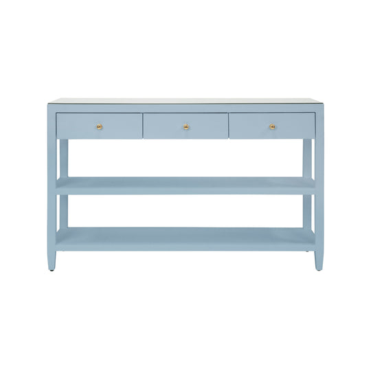 Three Drawer Console With Two Open Shelves In Textured Light Blue Linen With Polished Brass Knobs - BRIAR LB