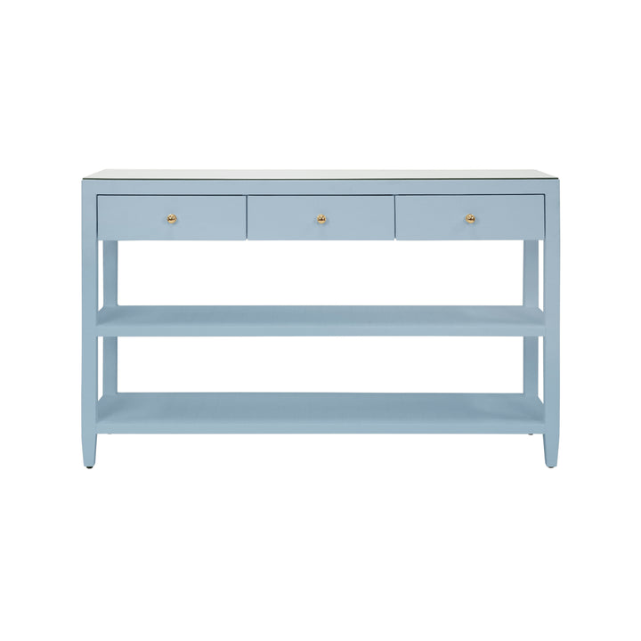 Three Drawer Console With Two Open Shelves In Textured Light Blue Linen With Polished Brass Knobs - BRIAR LB