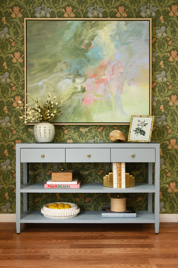 Three Drawer Console With Two Open Shelves In Textured Light Blue Linen With Polished Brass Knobs - BRIAR LB