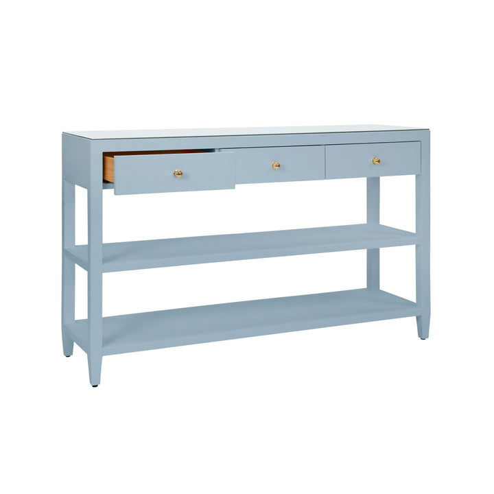 Three Drawer Console With Two Open Shelves In Textured Light Blue Linen With Polished Brass Knobs - BRIAR LB