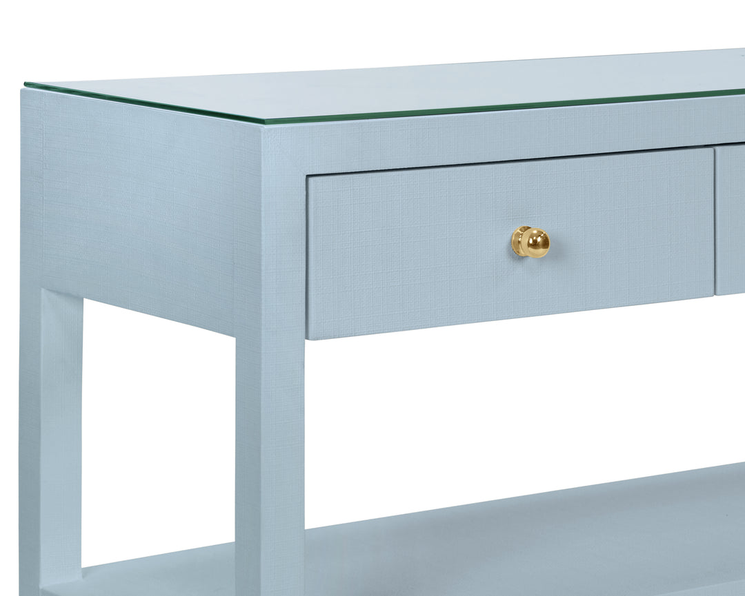 Three Drawer Console With Two Open Shelves In Textured Light Blue Linen With Polished Brass Knobs - BRIAR LB