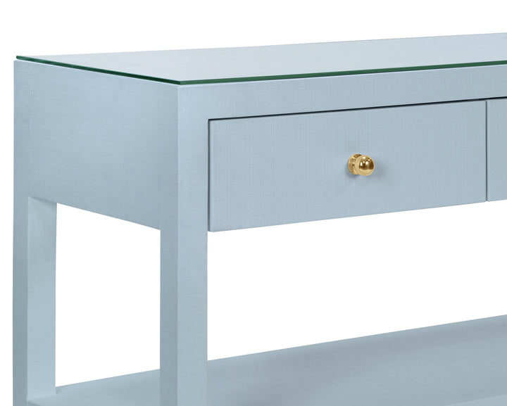 Three Drawer Console With Two Open Shelves In Textured Light Blue Linen With Polished Brass Knobs - BRIAR LB