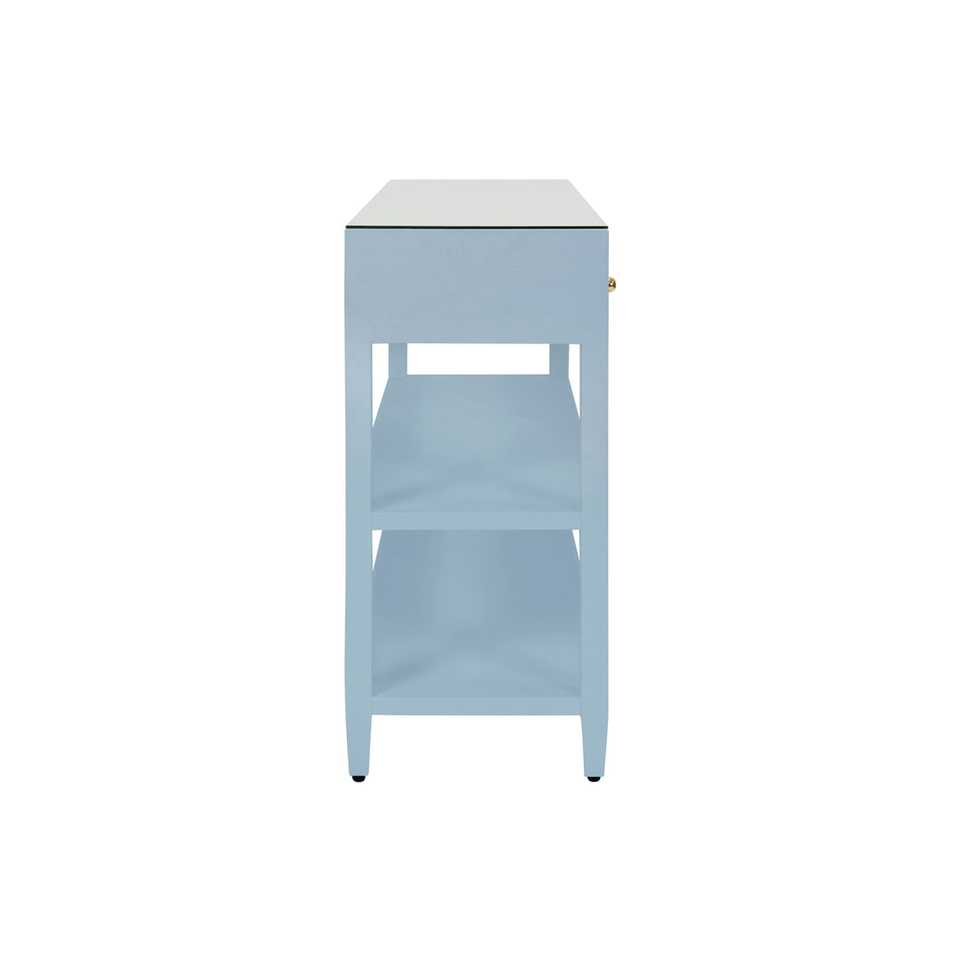 Three Drawer Console With Two Open Shelves In Textured Light Blue Linen With Polished Brass Knobs - BRIAR LB