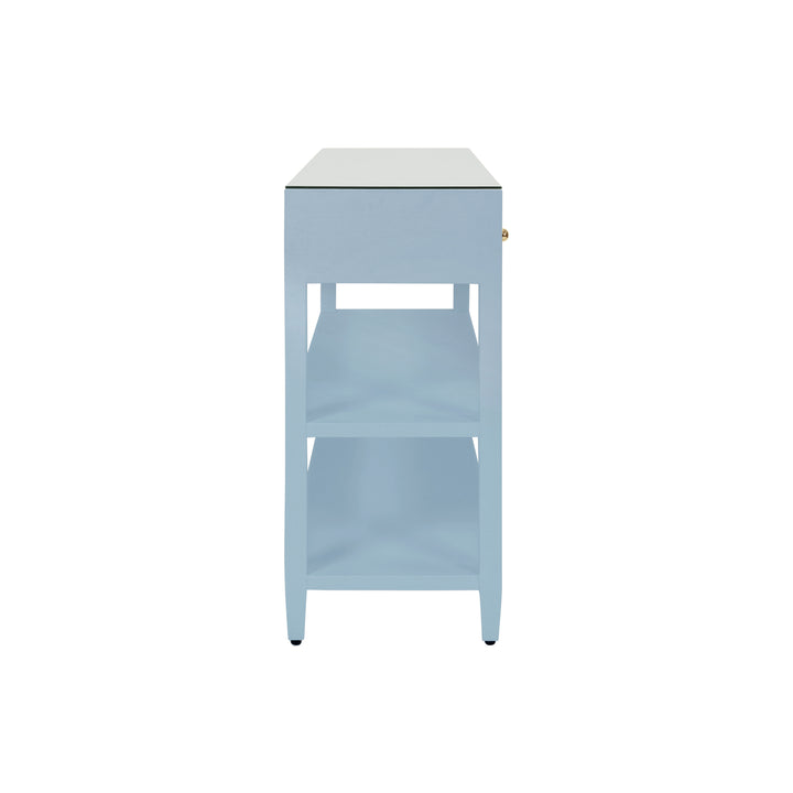 Three Drawer Console With Two Open Shelves In Textured Light Blue Linen With Polished Brass Knobs - BRIAR LB