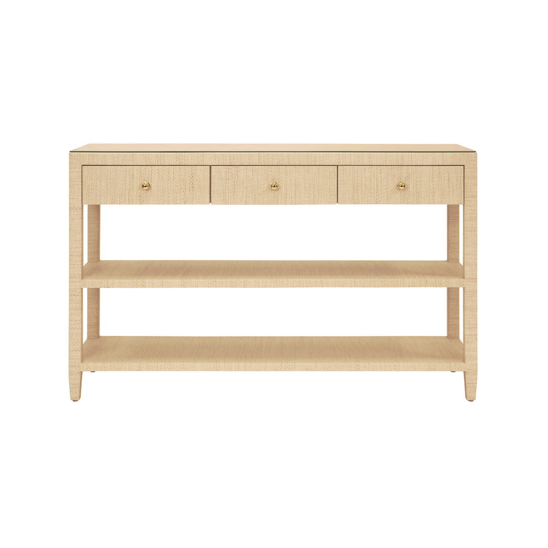Three Drawer Console With Two Open Shelves In Natural Grasscloth With Polished Brass Knobs - BRIAR NAT