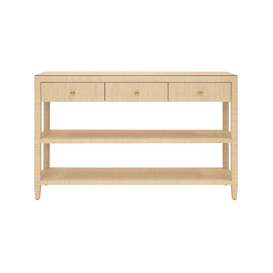 Three Drawer Console With Two Open Shelves In Natural Grasscloth With Polished Brass Knobs - BRIAR NAT