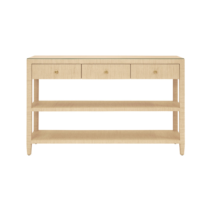 Three Drawer Console With Two Open Shelves In Natural Grasscloth With Polished Brass Knobs - BRIAR NAT