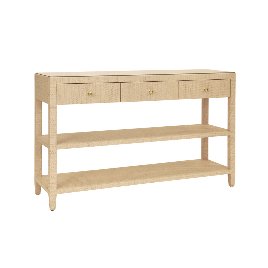 Three Drawer Console With Two Open Shelves In Natural Grasscloth With Polished Brass Knobs - BRIAR NAT