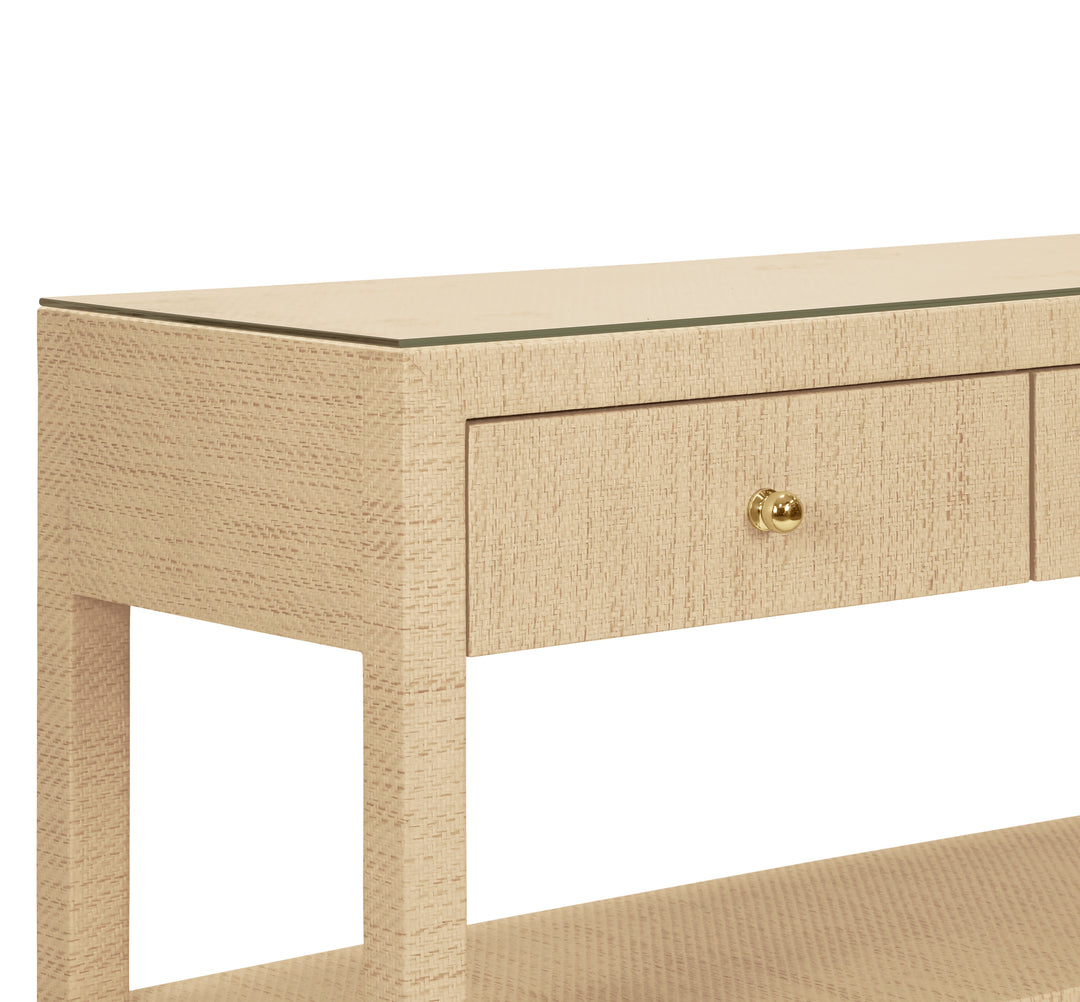 Three Drawer Console With Two Open Shelves In Natural Grasscloth With Polished Brass Knobs - BRIAR NAT