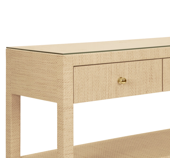 Three Drawer Console With Two Open Shelves In Natural Grasscloth With Polished Brass Knobs - BRIAR NAT
