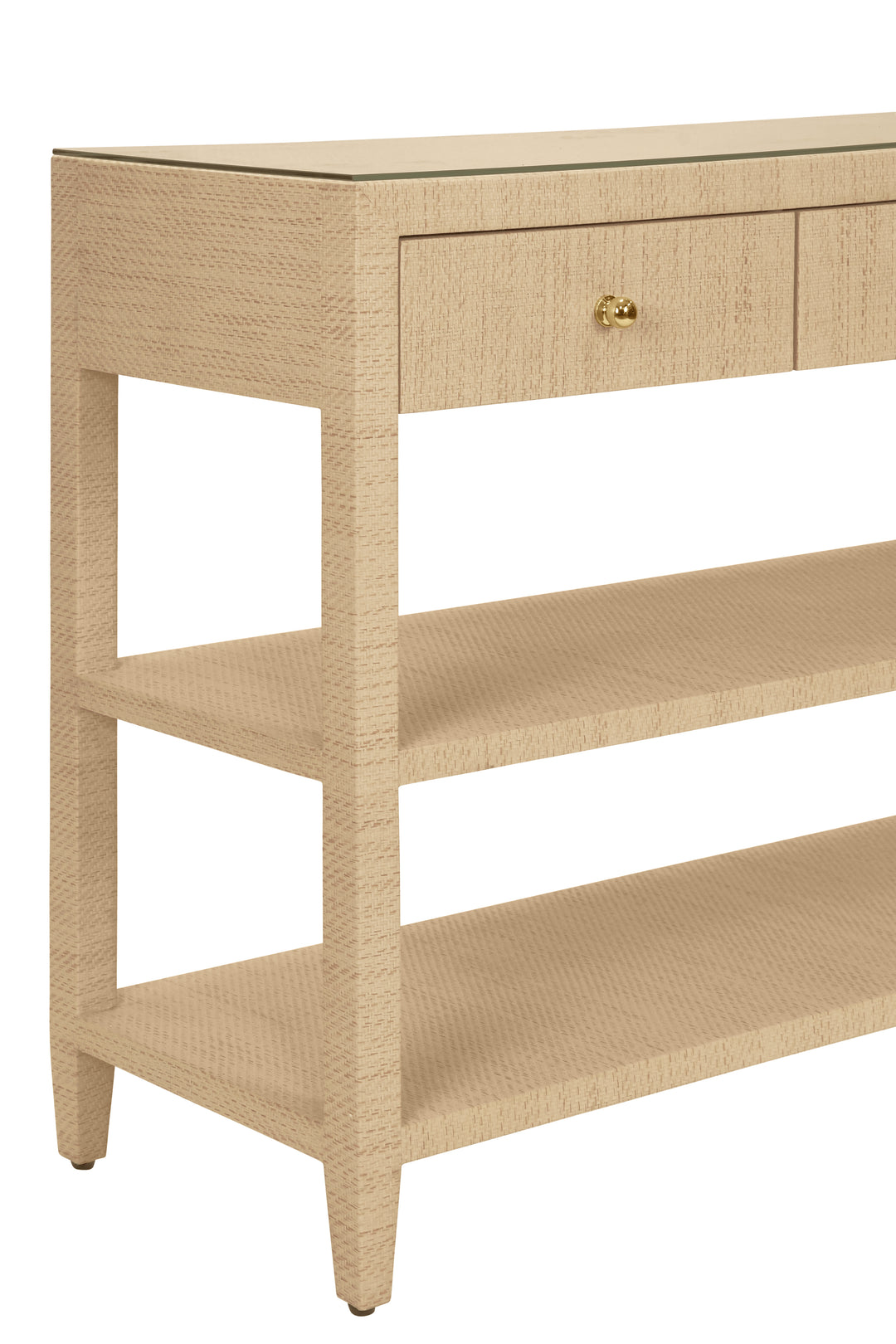 Three Drawer Console With Two Open Shelves In Natural Grasscloth With Polished Brass Knobs - BRIAR NAT