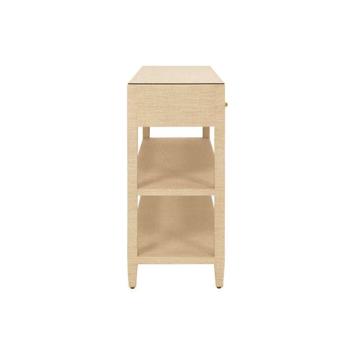 Three Drawer Console With Two Open Shelves In Natural Grasscloth With Polished Brass Knobs - BRIAR NAT