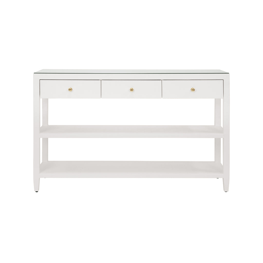 Three Drawer Console With Two Open Shelves In White Textured Linen With Polished Brass Knobs - BRIAR WH