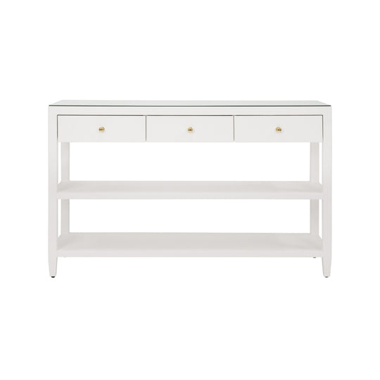 Three Drawer Console With Two Open Shelves In White Textured Linen With Polished Brass Knobs - BRIAR WH