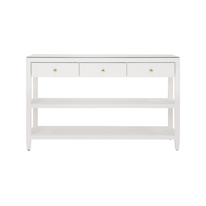 Three Drawer Console With Two Open Shelves In White Textured Linen With Polished Brass Knobs - BRIAR WH