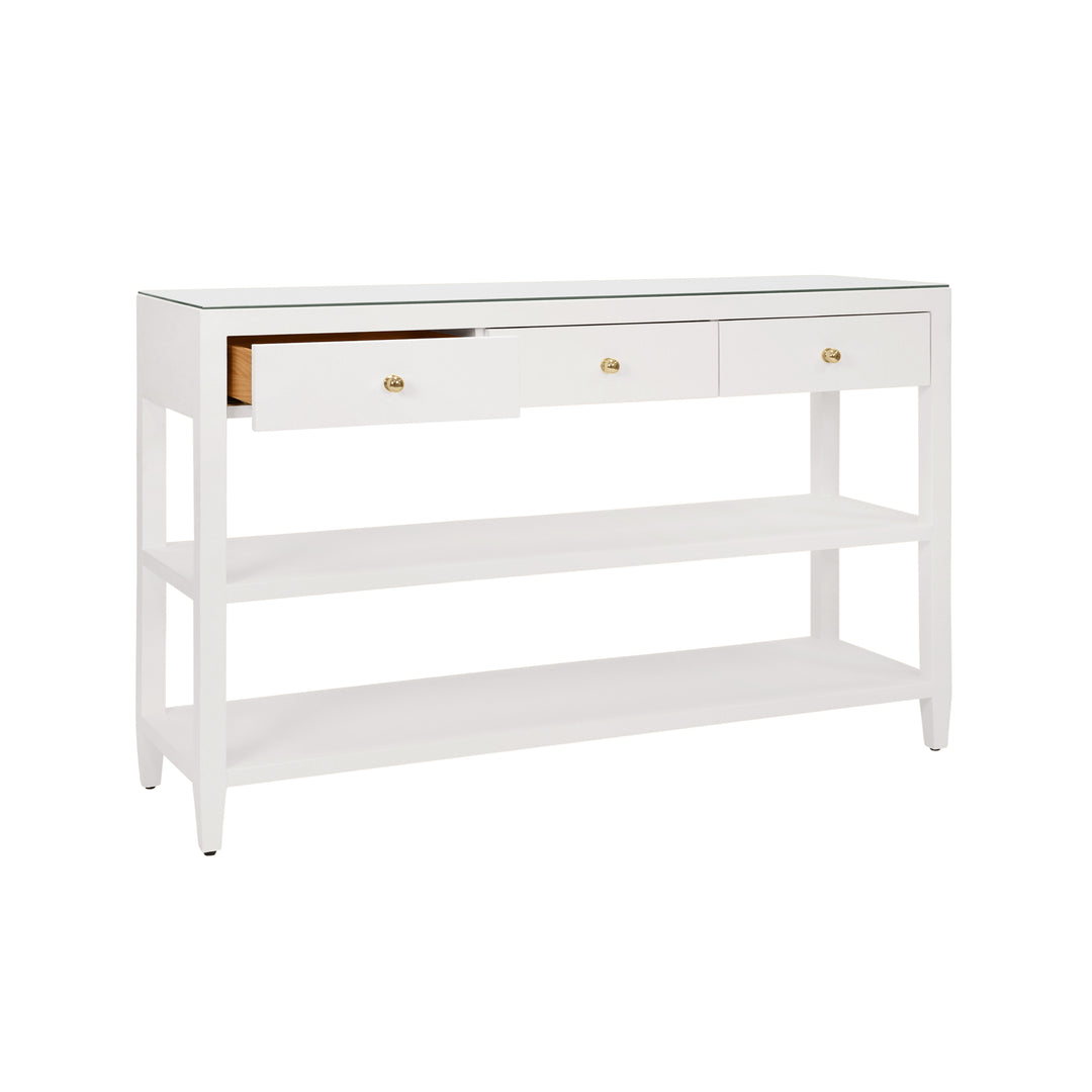 Three Drawer Console With Two Open Shelves In White Textured Linen With Polished Brass Knobs - BRIAR WH