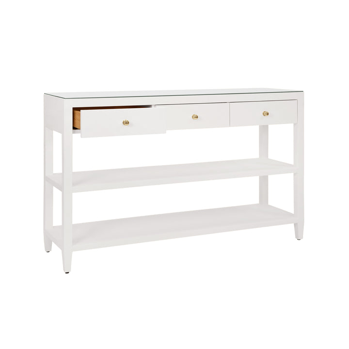 Three Drawer Console With Two Open Shelves In White Textured Linen With Polished Brass Knobs - BRIAR WH
