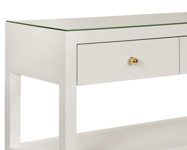 Three Drawer Console With Two Open Shelves In White Textured Linen With Polished Brass Knobs - BRIAR WH