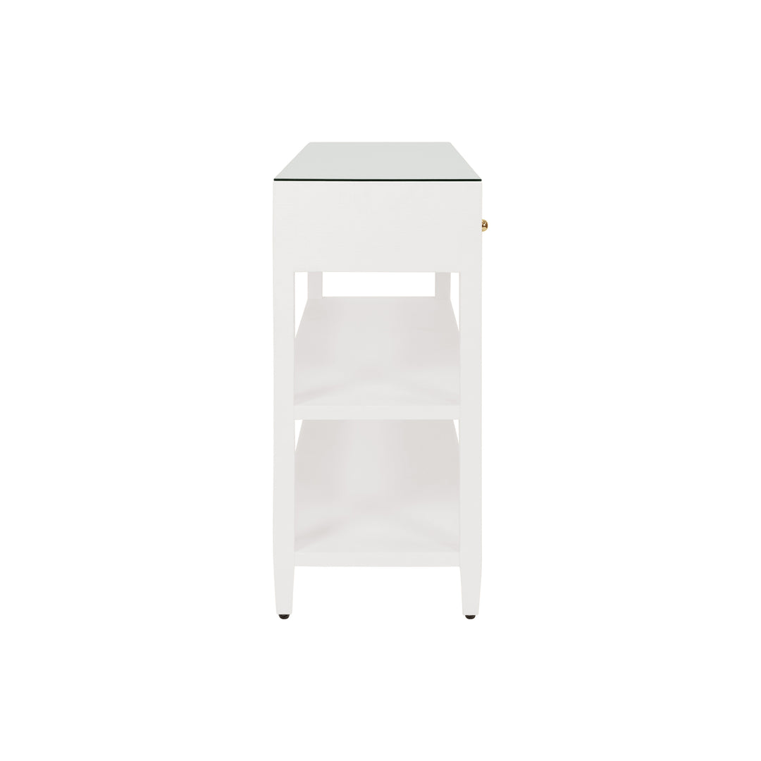 Three Drawer Console With Two Open Shelves In White Textured Linen With Polished Brass Knobs - BRIAR WH