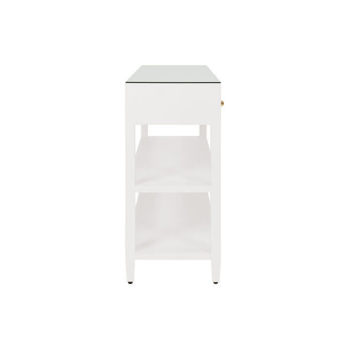 Three Drawer Console With Two Open Shelves In White Textured Linen With Polished Brass Knobs - BRIAR WH