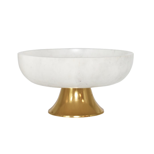 White Marble Bowl With Brass Tapered Pedestal Base - BRISSA