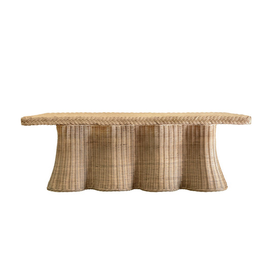 Rectangular Coffee Table With Braided Edge And Scallopped Skirt In Natural Woven Rattan - BRITNEY