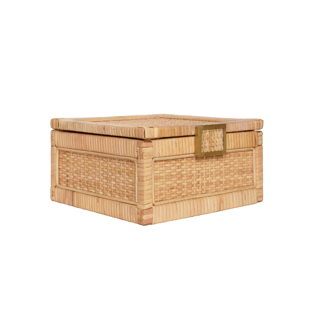 Small Natural Rattan Decorative Box With Brass Foot Caps - BRUNO SM