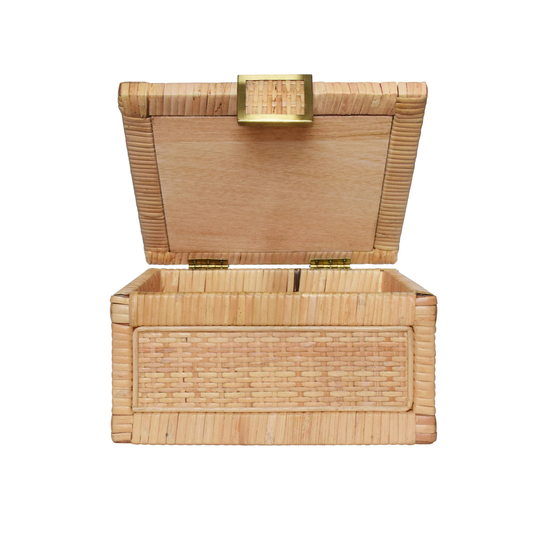 Small Natural Rattan Decorative Box With Brass Foot Caps - BRUNO SM