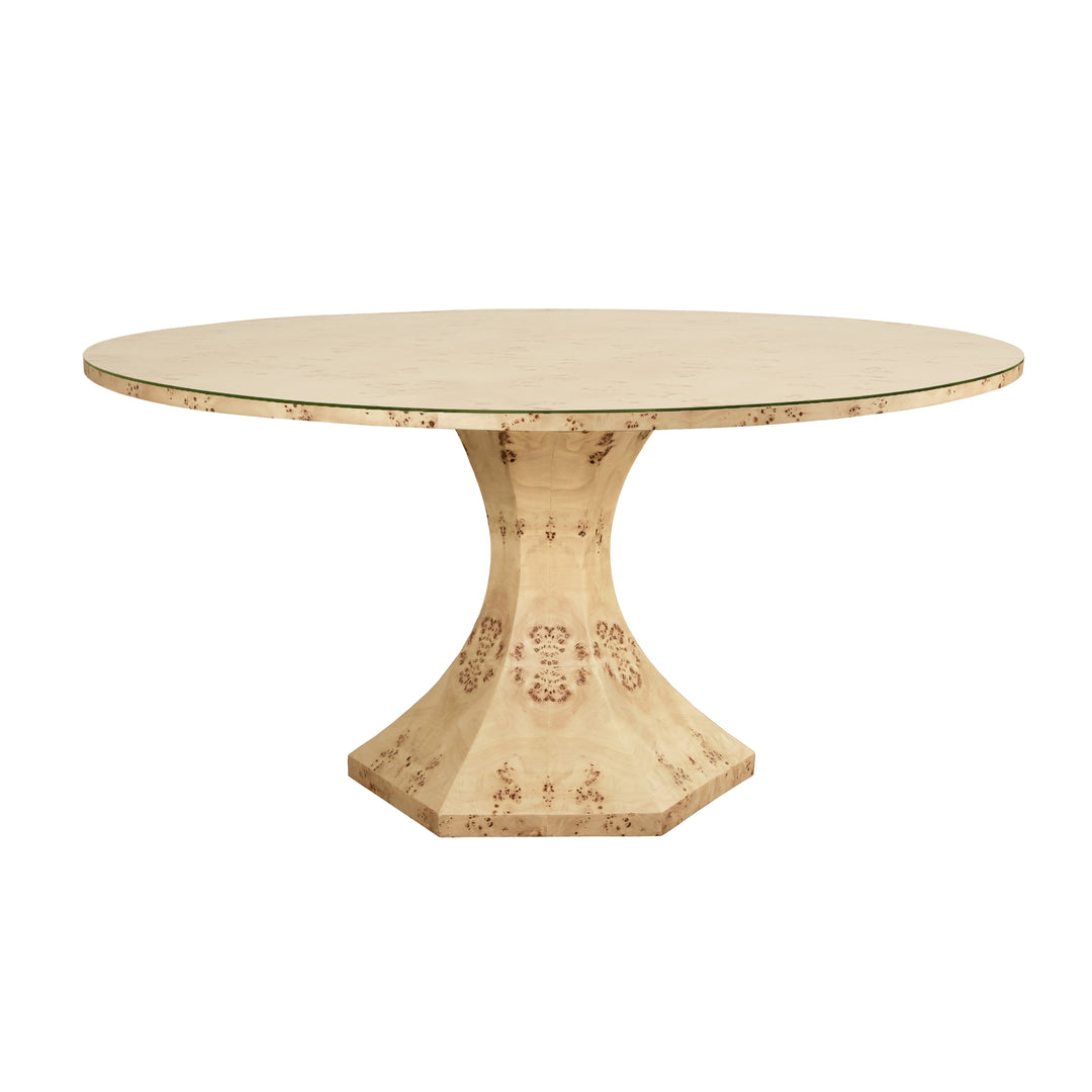 Round Dining Table With Hexagonal Tapered Base In Burl Wood - BRYCE BW
