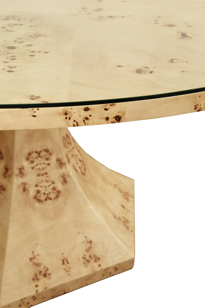 Round Dining Table With Hexagonal Tapered Base In Burl Wood - BRYCE BW