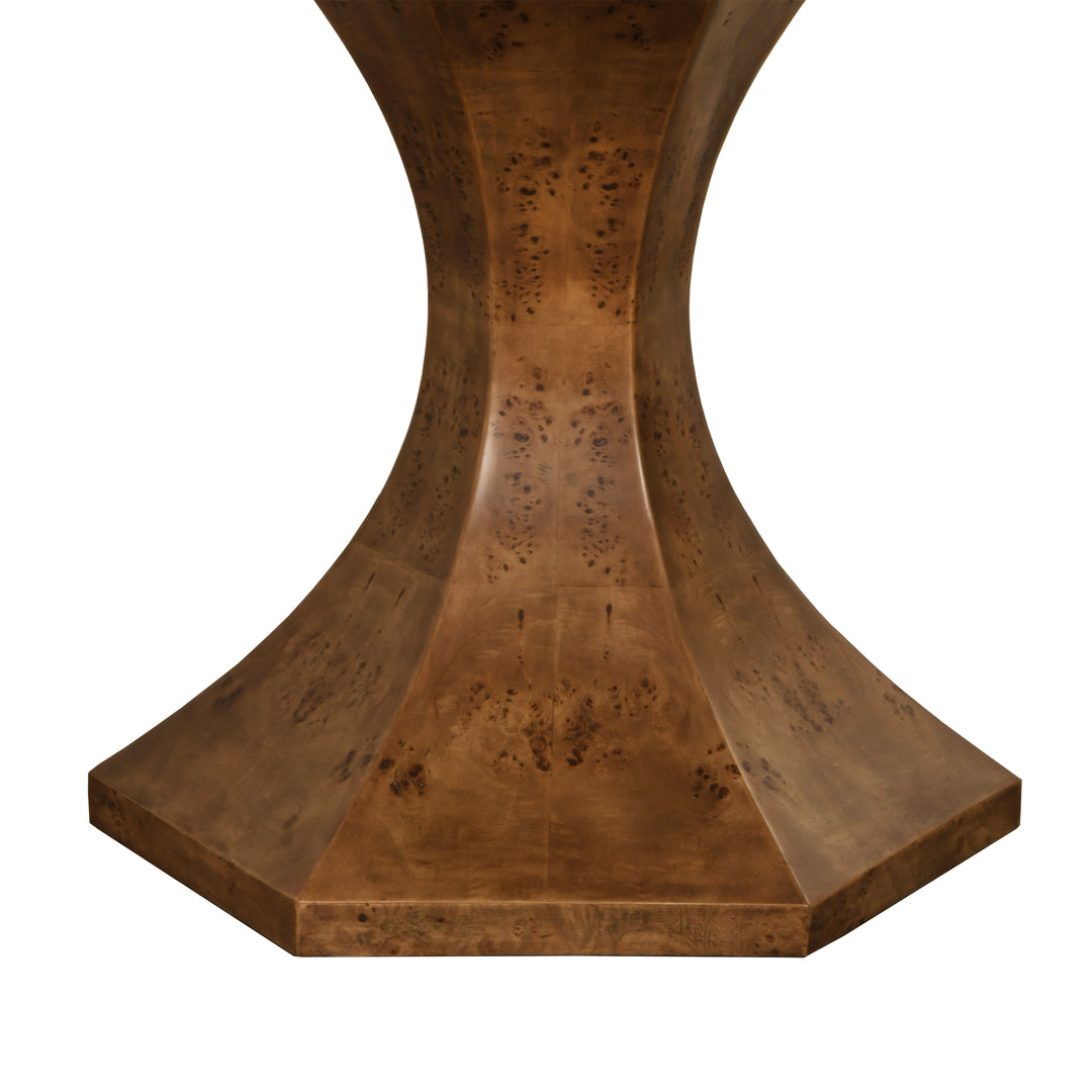 Round Dining Table With Hexagonal Tapered Base In Dark Burl Wood - BRYCE DBW