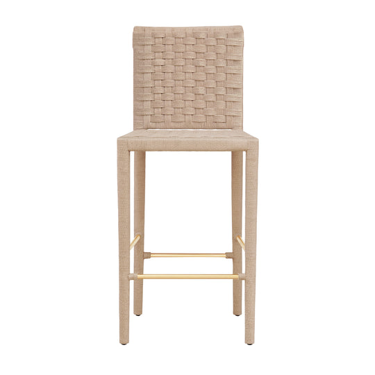Natural Rope Basketweave Pattern Bar Stool With Antique Brass Stretcher - BURBANK BS