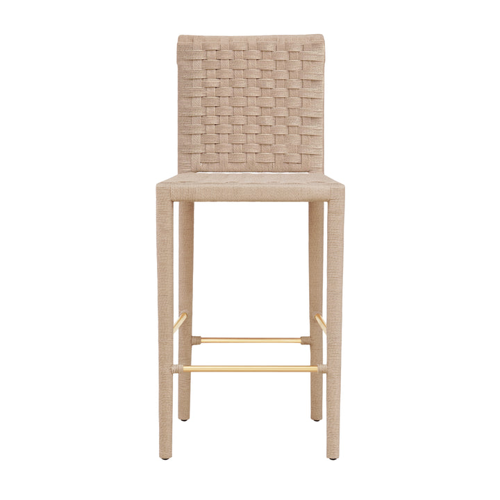 Natural Rope Basketweave Pattern Bar Stool With Antique Brass Stretcher - BURBANK BS