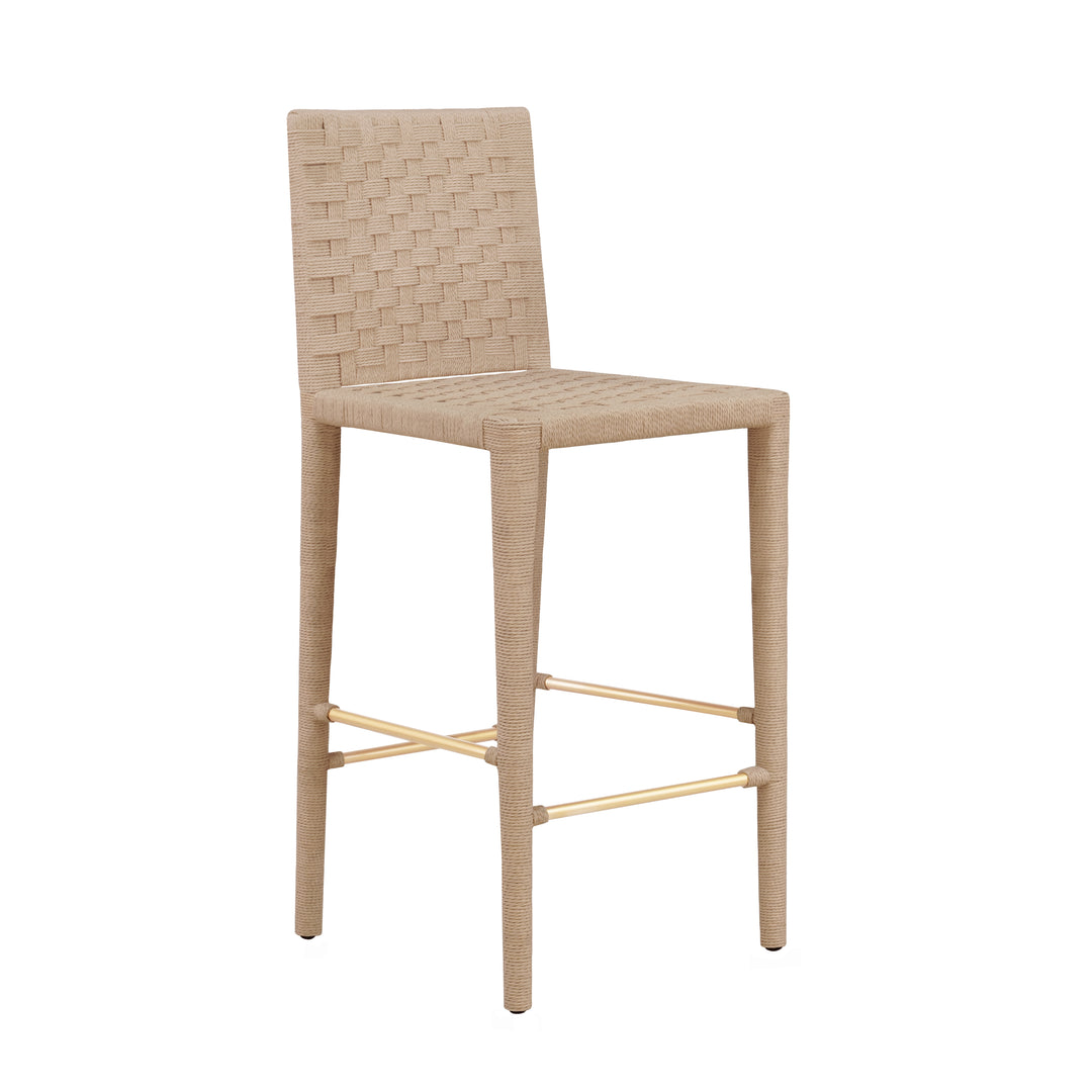 Natural Rope Basketweave Pattern Bar Stool With Antique Brass Stretcher - BURBANK BS