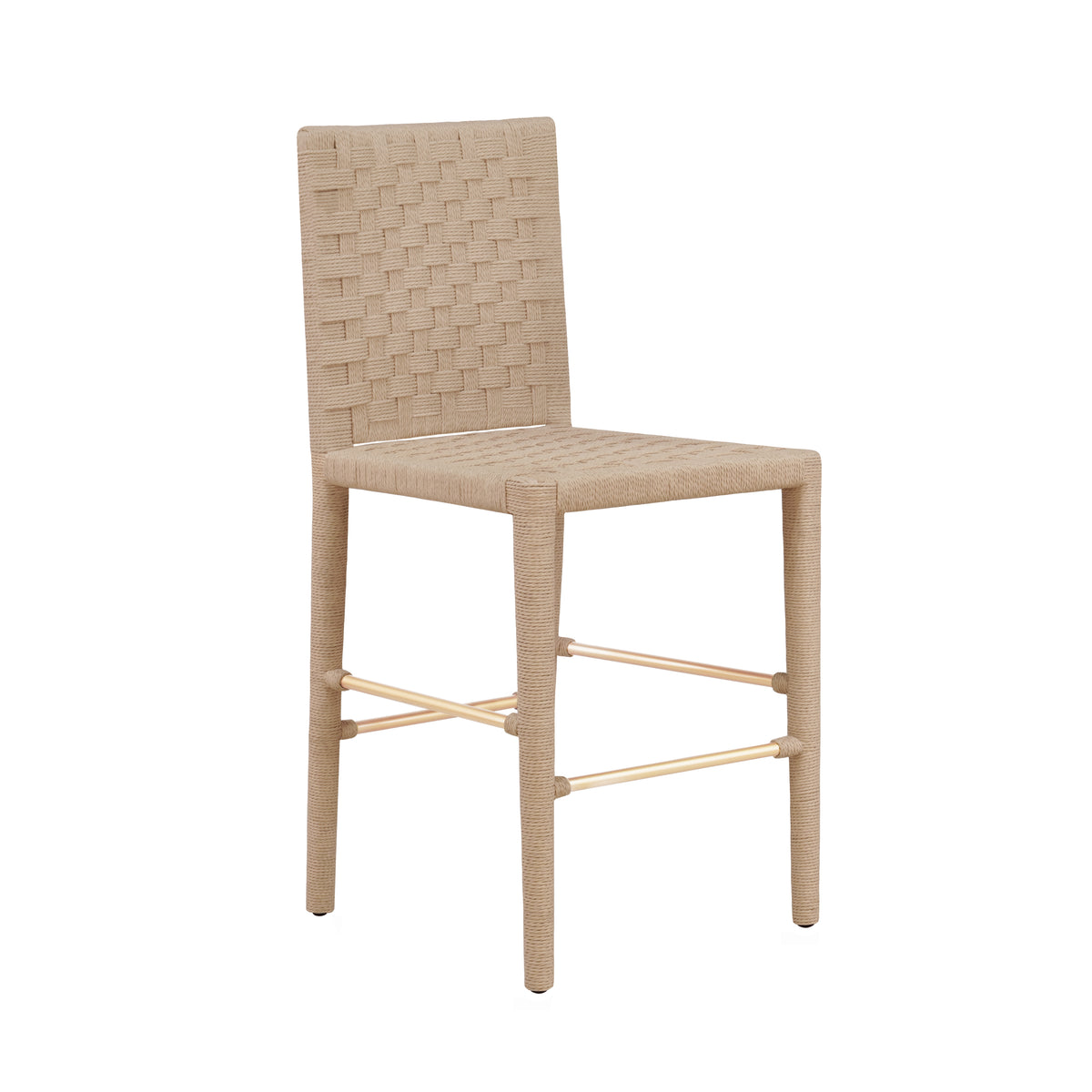 Natural Rope Basketweave Pattern Counter Stool With Antique Brass Stretcher - BURBANK CS
