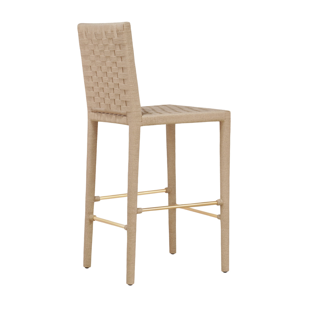Natural Rope Basketweave Pattern Bar Stool With Antique Brass Stretcher - BURBANK BS