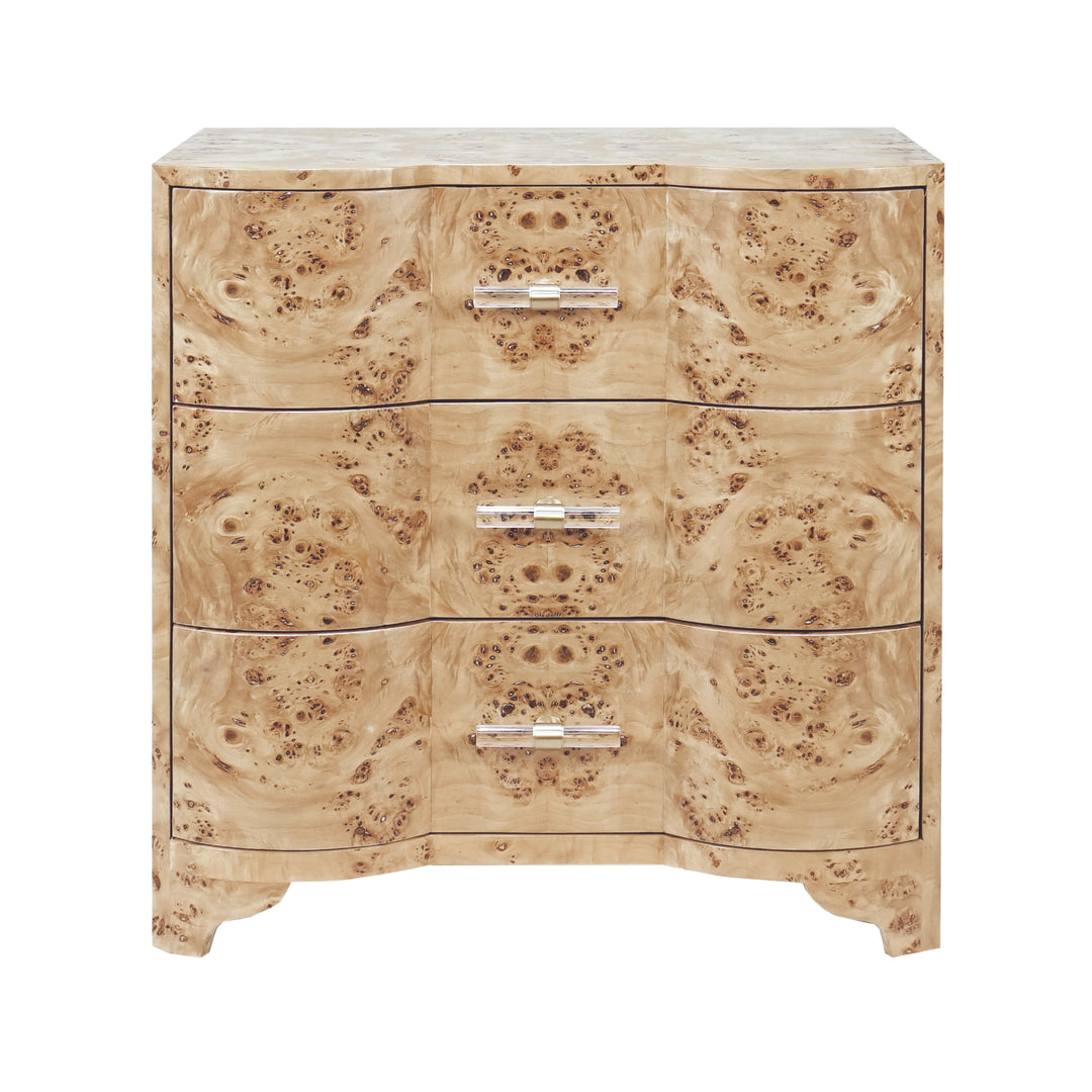Three Drawer Side Table In Burl Wood With Acrylic Hardware - CALVIN BW