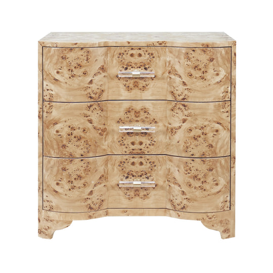 Three Drawer Side Table In Burl Wood With Acrylic Hardware - CALVIN BW
